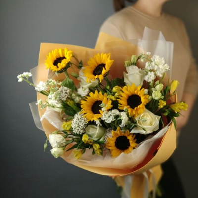 Букет с подсолнужами "Осенний джаз" №60655-Дв